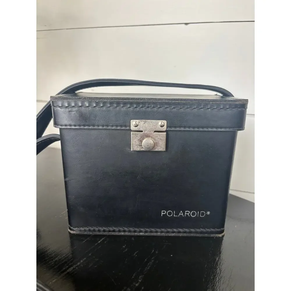 VTG Polaroid‎ Camera Black Leather Hard Case Flip Top Adjustable Shoulder Strap